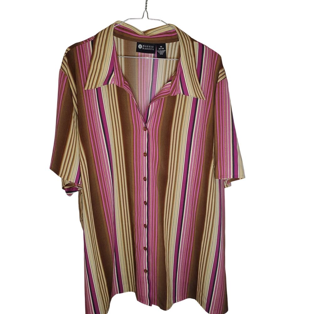 Maggie Barnes Women's Button Up Blouse 3X Magenta Brown Stripe Stretch Plus